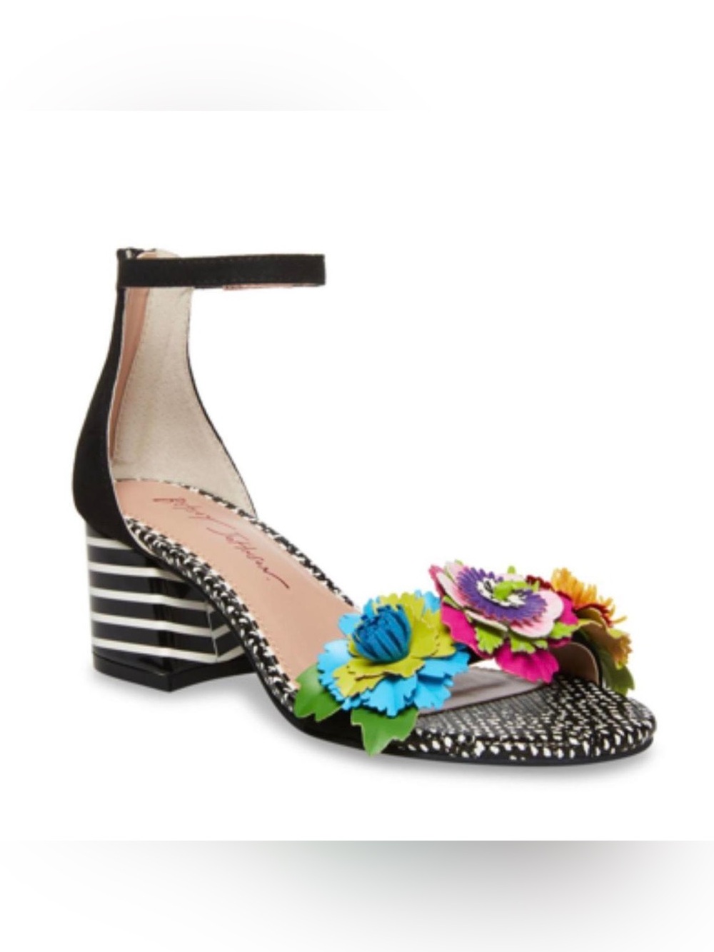 Women’s Black Ankle-Strap Block Heel Sandal with Multicolor Floral Appliqués